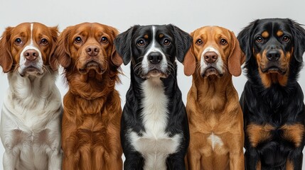 Five alert dogs sitting in a studio portrait lineup.