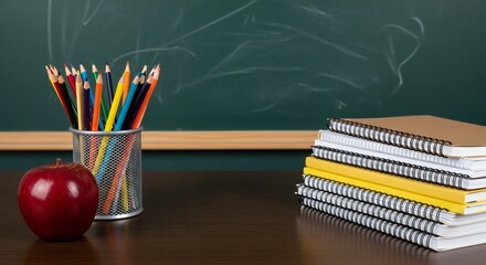 A red apple, colorful pencils in a metal holder, and a stack of notebooks sit on a wooden desk against a blurred green chalkboard background.