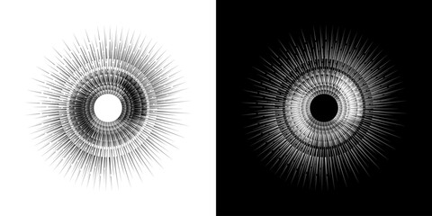 Dynamic abstract spiral sound wave rhythm lines. Circular spiral sound wave rhythm of lines. Circular futuristic abstract lines, black and white background.