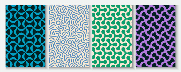 Abstract geometric posters, cards, banner background. set of Seamless print of minimal modern shapes and forms, contemporary backdrop for ads promo and covers. Vector texture collection  Retro Groovy.