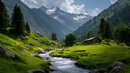 Obraz premium Majestic mountain peaks above a winding stream and rustic cabin snow water