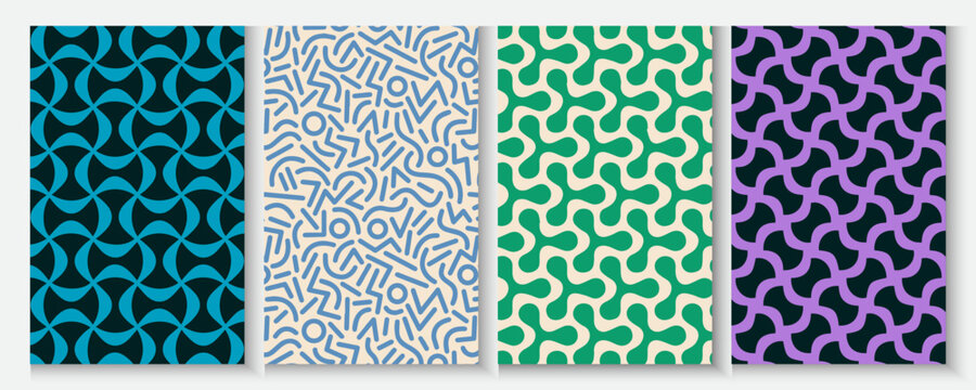 Abstract geometric posters, cards, banner background. set of Seamless print of minimal modern shapes and forms, contemporary backdrop for ads promo and covers. Vector texture collection  Retro Groovy.