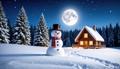 Obraz premium Snowy night scene with snowman and cabin