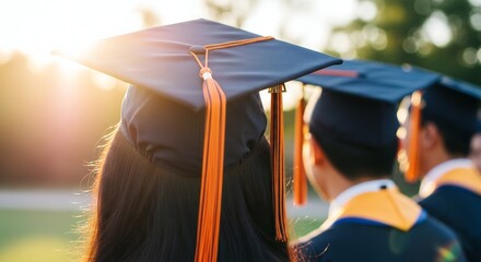 Graduates wearing graduation caps with orange tassels stand in a row, facing forward with the sun shining behind them.