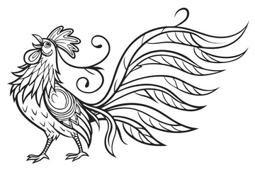 Obraz premium Ornate rooster illustration with flowing tail feathers