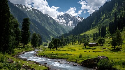 Majestic snow capped mountains overlook a lush green valley with a flowing river and a rustic cabin peaks