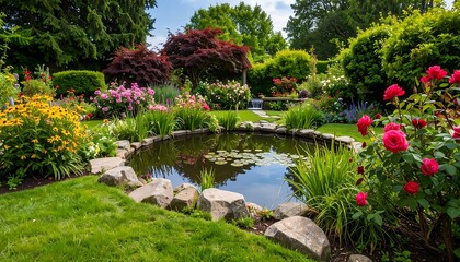 Lush garden with a pond