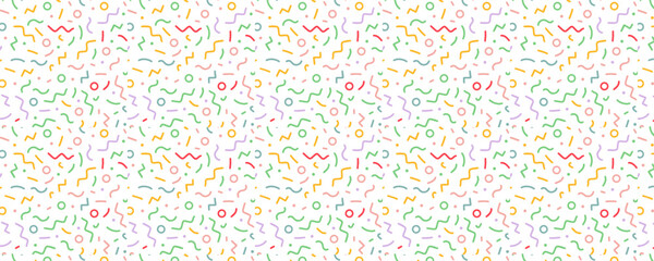 Seamless pattern with colorful falling decorative sprinkles banner, poster, cards background. birthday cover elements Seamless Pattern with Color Sprinkles. Colorful Vector Carnaval Confetti backdrop.