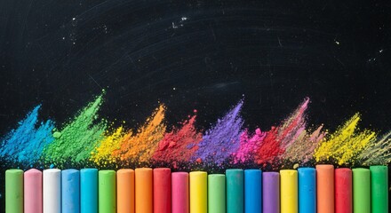 Colorful chalk sticks arranged in a row on a black surface, with vibrant chalk dust scattered above them.