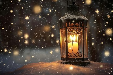 A glowing lantern brightens a snowy winter's evening.