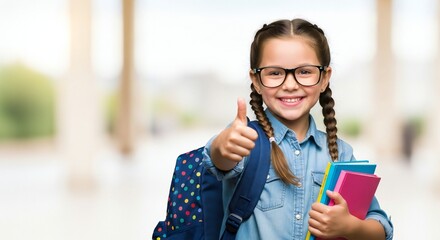 A young girl with glasses, pigtails, and a backpack smiles and gives a thumbs up while holding books.