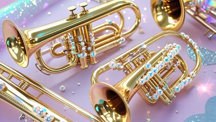 Obraz premium Golden brass instruments, including trumpets and saxophones, are isolated on a black background, perfect for showcasing their shiny musical elegance for jazz or classical themes