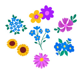 Blue and purple flowers vector collection. Colorful floral spring vibes for design invitation, card, sticker, art print, wedding, background.