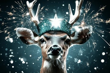 Celebrating the New Year with a playful deer and fireworks.