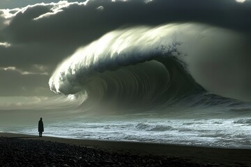 Beach scene featuring a solitary person confronting a towering wave.