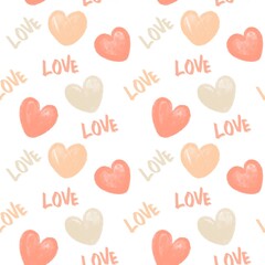 Playful Hand Drawn Heart Pattern with Love Typography in Peach Tones for Nursery Themes