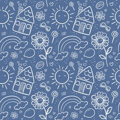 Playful Nursery Doodle Style Seamless Pattern with Happy Sun, Rainbow, and Flowers on Blue

