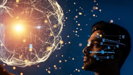 Man's profile with digital interface and glowing sphere, futuristic technology concept - Powered by Adobe