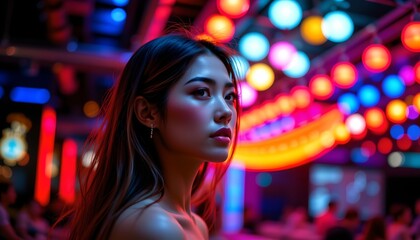 a person standing in a brightly lit space filled with colorful lights. the individual has long hair and is gazing off to one side