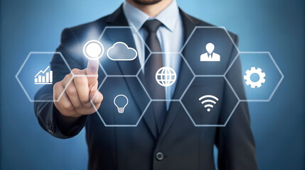 Businessman interacting with a futuristic digital interface displaying various icons