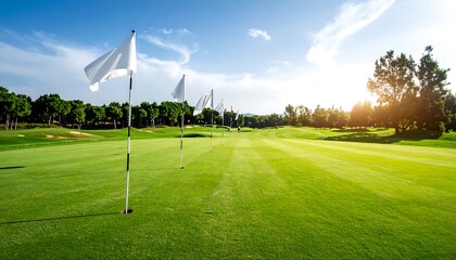 Wide shot of a golf course fairway under a clear sky