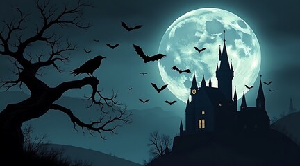 Gothic castle silhouetted against a luminous full moon with bats and raven halloween