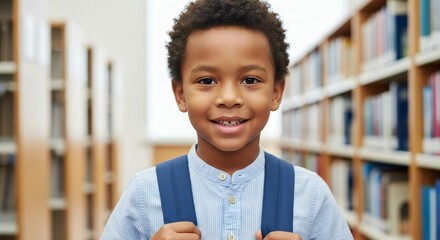 A young African-American boy with a backpack smiles in a library, surrounded by bookshelves filled with books.
