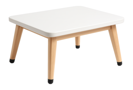 Compact low table with a white laminate surface, perfect for sketching in an apartment's small living room.