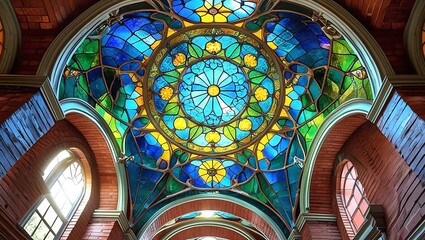 Obraz premium Gothic stained glass windows illuminate the ancient religious architecture of a European cathedral