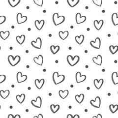 Black Hand Drawn Sketchy Line Hearts and Dots Seamless Pattern on White Bckground for Baby and Nursery Design