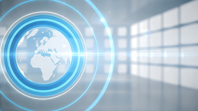 Futuristic blue rings surround a glowing white globe in a modern studio setting