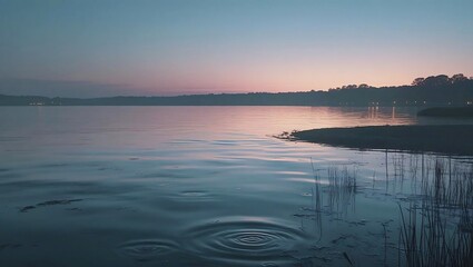 Fototapeta premium Golden sun dips below the horizon, painting the calm lake and sky in hues of orange and blue, a beautiful reflection of nature's serene embrace