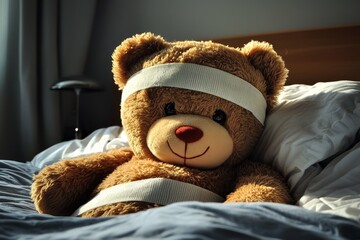 A wounded teddy bear lying on a cozy bed.