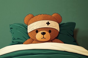 A teddy bear comforted by a bandage resting in bed.