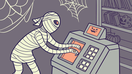 Mummy using a computer terminal with a jack o lantern face in a halloween themed library setting