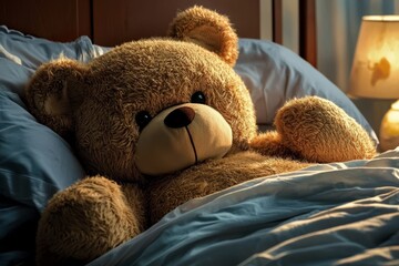 A sick teddy bear resting under blankets.