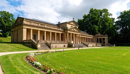 Elegant stone building, landscaped gardens, sunny day