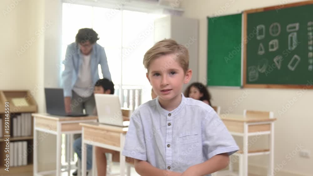 Poster caucasian cute student looking and waving hands while friend studying about writing engineering code