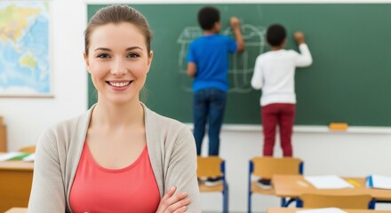 Smiling female teacher poses in a classroom with two young students drawing on a chalkboard in the background.