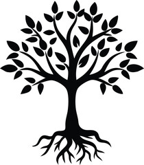 Obraz premium Black Silhouette Tree with Leaves on White Background, silhouette designs of fruit trees, minimalist style, leaves and roots silhouette vector illustration,tree with leaves vector icon,abstract tree,A