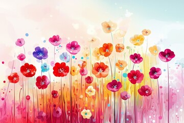 An illustration showcasing a dreamy meadow filled with vivid flowers.