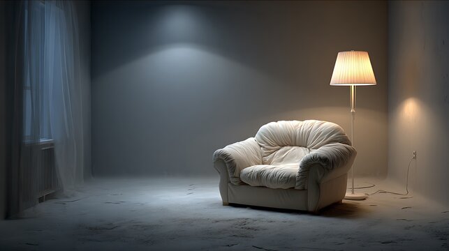 Soft armchair placed beside a floor lamp in a dimly lit room, both turned off, evoking calmness, quiet waiting, and introspective atmosphere for relaxation and thoughtful moments.