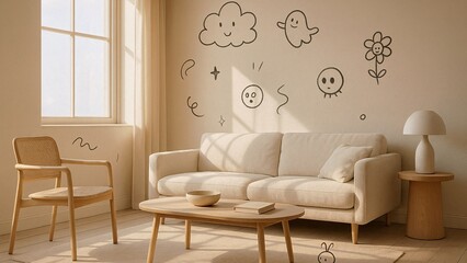 Sunlight illuminates a cozy living room featuring a beige sofa, wooden furniture, and playful drawings adorning the wall, creating a warm and inviting atmosphere