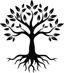Obraz premium Black Silhouette Tree with Leaves on White Background, silhouette designs of fruit trees, minimalist style, leaves and roots silhouette vector illustration,tree with leaves vector icon,abstract tree,A