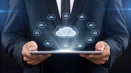 Businessman holding tablet displaying cloud network with connected services and data icons