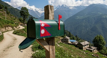Unique Nepal landscape with a flag-emblazoned mailbox adding character, adventure