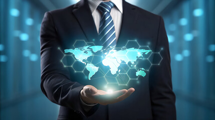 Businessman holding a glowing digital world map with interconnected network lines