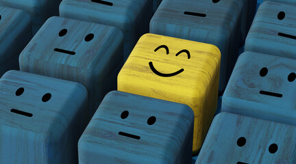 Yellow smiling block among neutral faces on blue background. Concept of positivity, individuality, mental health, optimism, stand out, leadership, and emotional intelligence.
