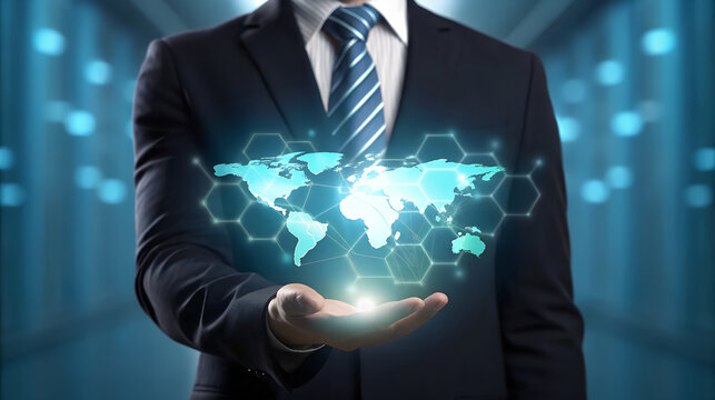 Businessman holding a glowing digital world map with interconnected network lines