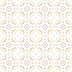 Geometric Floral Arrangement Repeating Ornamental Motif Background. Soft nostalgic floral tile seamless pattern with four petal motifs in olive green and coral red embroidery folk art.